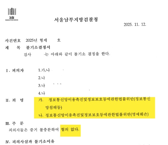 6. 정보통신망법 위반(정통망침해등, 명예훼손) : 무혐의